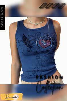 Women Rib Knit T-shirts Summer Casual Sleeveless Round Neck Heart Pattern Rhinestone Slim Crop Top Tees for Young Teens Casual Sleeveless Tops With Rhinestones, Y2k Summer Tops With Rhinestones, Summer Y2k Tops With Rhinestones, Summer Cotton Tops With Rhinestones, Summer Cotton Top With Rhinestones, Women's Outfits By Occasions, 90s Shirts, Shirts Summer, Concert Fits