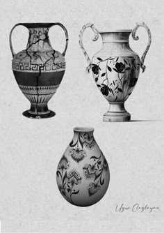 three vases are shown in black and white, one is painted with floral designs