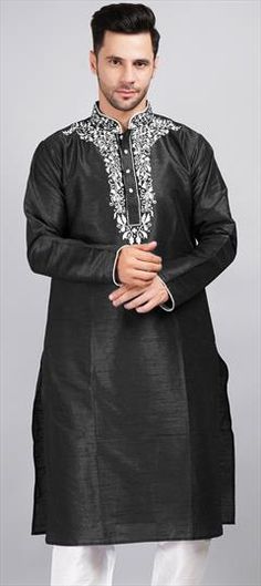 Black and Grey color Kurta in Dupion Silk fabric with Embroidered, Thread work Black Kurta With Floral Embroidery For Eid, Black Embroidered Border Kurta For Festivals, Black Embroidered Kurta For Festivals, Embroidered Black Kurta For Festivals, Festive Black Kurta With Floral Embroidery, Ceremonial Black Kurta With Dabka Details, Formal Embroidered Black Kurta, Black Long Sleeve Kurta With Embroidered Border, Black Sherwani With Dabka Embroidery, Straight Kurta Style