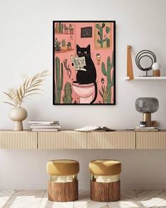 a black cat sitting on top of a toilet in a bathroom next to two stools