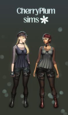 two women in short shorts and hats standing next to each other with the words cherry plum sims