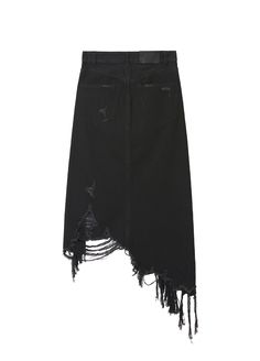 Fabric: 100% cotton Black Asymmetric hem Ripped detailing Distressed effect Edgy Denim Skirt With Frayed Hem, Cotton Bottoms With Frayed Asymmetrical Hem, Cotton Bottoms With Asymmetrical Frayed Hem, Frayed Hem Asymmetrical Skirt For Fall, Asymmetrical Skirt With Frayed Hem For Fall, Hoodie Vest, Bodysuit Dress, Irregular Hem, Denim Cotton