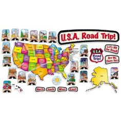 the usa road trip sticker sheet is shown in various colors and sizes, with different pictures