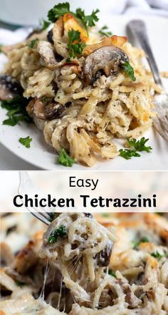 two plates with different types of food on them and the words easy chicken tetrazzini