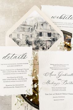 the wedding stationery is laid out on top of each other, including an envelope