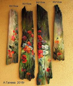 three pieces of wood with flowers painted on them