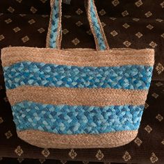 New Chico Blue Beach Tote/Bag Is Woven With Two-Tone Striped Blue Around The Bag And Silver Thread Compliments The Blue Material Throughout. The Inside Of The Spacious Bag Shows It Will Hold Many Items While Shopping Or Lounging At The Pool/Beach. The Bag Also Has A "Snap Closure"! Both Bag's Handle Straps Are 12 Inches Long And The Bottom Of Bag Measures 16in X 8 In. This Larger Tote Is 24 Inches Tall With Handles. One Of The Nicest Beach Bag/Tote That I've Purchased! Light Blue Shoulder Bag For Beach, Light Blue Tote Shoulder Bag For Beach, Blue Bucket Shoulder Bag For Beach, Blue Bucket Bag For The Beach, Blue Bucket Bag For Beach, Blue Bucket Shoulder Bag For The Beach, Blue Bucket Beach Bag, Light Blue Summer Bag For Vacation, Casual Light Blue Shoulder Bag For Beach