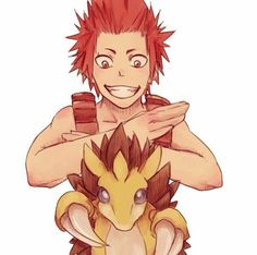 an anime character with red hair holding a pikachu