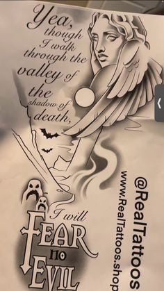 an advertisement for fear to evil tattoo on a piece of white paper with black ink