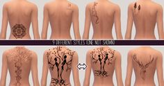 several different types of tattoos on the back of a person's body and shoulder