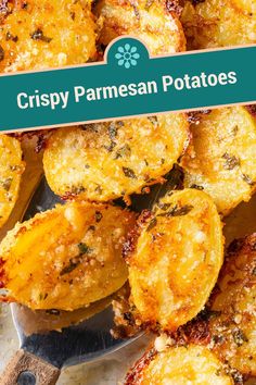 crispy parmesan potatoes on a serving platter with the title overlay reads crispy parmesan potatoes