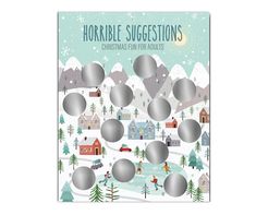 a christmas card with the words horrible suggestions on it, surrounded by snow and trees