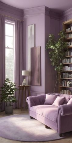 a living room filled with furniture and a book shelf next to a purple couch in front of a window