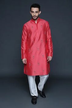 Shop for Sanjev Marwaaha Coral Cotton Silk Floral Thread Embroidered Kurta Set for Men Online at Aza Fashions Semi-stitched Chanderi Sherwani With Long Sleeves, Festive Long Sleeve Bandhgala With Chikankari Embroidery, Festive Long Sleeve Chikankari Bandhgala, Chanderi Sherwani With Dabka Work And Long Sleeves, Long Sleeve Chanderi Sherwani With Dabka Work, Traditional Chanderi Long Sleeve With Resham Embroidery, Chanderi Kurta With Long Sleeves For Festivals, Chanderi Long Sleeve Kurta For Festivals, Embroidered Silk Bandhgala Straight Kurta