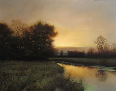 a painting of a sunset over a river with trees and grass in the foreground