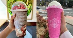 two pictures one with a pink drink and the other with strawberries in it, both have different flavors