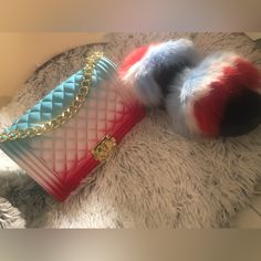 This Is A Set Bag And Slides Red, White And Blue Set Medium Size Jelly Bag Red Clutch Bag For Fashion Accessory, Red Trendy Shoulder Bag, Trendy Red Shoulder Bag, Trendy Red Bags, Trendy Blue Bag As Fashion Accessory, Casual Blue Clutch Bag, Vendors List, Fluffy Bag, Jelly Purse