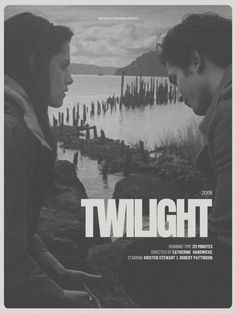 two people sitting next to each other in front of a lake with the words twilight on it