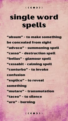 These are spells that are contained to just one word. I personally love one word spells, as they're very helpful and fairly easy to memorize. Unlock the secrets of witchcraft with these spells. Harness the mystical energy and manifest your desires with the help of these enchanting incantations. Spells To Get Magic Powers, Spells For Lost Things, Spell Incantations, Basic Witch Spells, Word Spells Witchcraft, Spell Ideas Witchcraft, Witchcraft Attraction Spells, Short Spells Witchcraft, Spells And Incantations