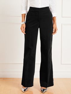 The style of the season. Sumptuous stretch velveteen elevates our wide leg pants. Effortless silhouette drapes perfectly with a figure-boosting high waist. Just-right for your work-to-weekend looks. Features Flat Front/Trouser Wide Leg Hits Above Waist Full Length Fly front with hook & bar closure Front Slash, Back welt pockets Imported Fit: Misses: 31 1/2"; Petite: 29"; Plus: 31 1/2"; Plus Petite: 29" Material: 90% Cotton, 8% Polyester, 2% Spandex Care: Machine Wash Cold; Only Non-Chlorine Blea Elegant Full-length Work Pants, Elegant Stretch Full-length Work Pants, Relaxed Fit Wide Leg Formal Work Pants, Formal Relaxed Fit Wide Leg Work Pants, Non-stretch Wide Leg Work Pants For Business Casual, Elegant Stretch Wide Leg Work Pants, Elegant Stretch Wide-leg Work Pants, Elegant Wide Leg Work Pants For Fall, Non-stretch Full Length Wide Leg Pants For Formal Occasions