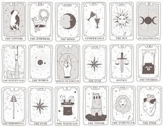 the taroti card deck is shown in black and white, with illustrations on it