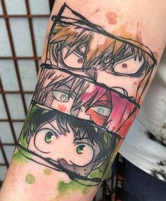 an arm with some anime characters on it