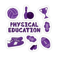 purple stickers with the words physical education and various sports related items on white background