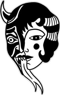 a black and white drawing of a woman's face with horns on her head