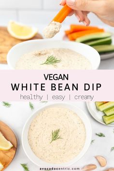 vegan white bean dip in a bowl with carrots and cucumbers on the side