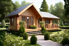 a small wooden house in the middle of a garden