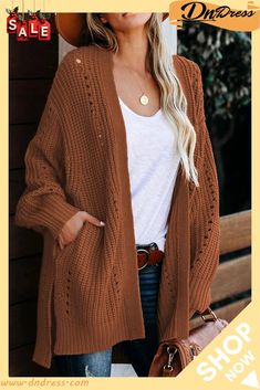 Drop Sleeve Cable Knit Cardigan with Slits Solid Open Knit Cardigan, Knitted Open Front Solid Cardigan, Open Front Knit Sweater, Brown Open Front Knitted Cardigan, Solid Open Front Knitted Sweater, Brown Open Front Knit Cardigan, Brown Knit Open Front Cardigan, Solid Color Long Sleeve Open Knit Cardigan, Long Open Knit Sweater For Fall