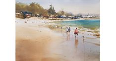 watercolor painting of people walking on the beach