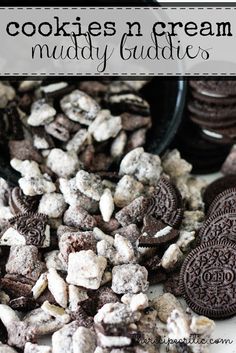 cookies and cream muddy buddies on a white surface with text overlay that says cookies n cream muddy buddies