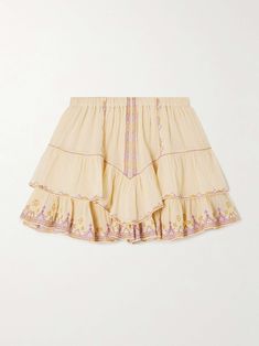 MARANT ÉTOILE Jocadia tiered ruffled embroidered cotton-gauze shorts Bohemian Shorts With Ruffles, Bohemian Ruffled Shorts For Spring, Summer Bohemian Ruffled Shorts, Bohemian Ruffled Shorts For Summer, Beige Ruffled Shorts For Summer, Bohemian Beige Bottoms With Ruffles, Beige Tiered Ruffle Bottoms, Isabelle Marant, Matching Separates