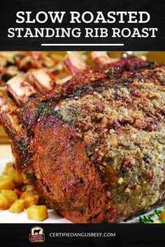 slow roasted standing rib roast on a plate with potatoes