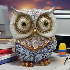 an owl figurine sitting on top of a desk