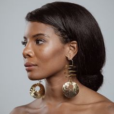 African American Model wearing Khrysty Earrings - 14k Gold Plated - Iza By Silvia D’Avila one of a kind, off the runway jewelry & wearable art - handcrafted in NYC Runway Jewelry, Infinity Ring, Wearable Art, Gift Necklace, Ring Earrings, Necklaces Bracelets, Gold Plate, Plating, Gold