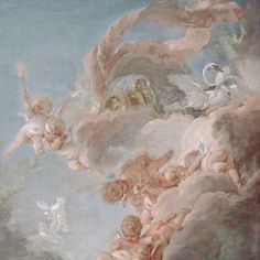 the painting depicts cherubs, angels and other figures on a cloudy sky background