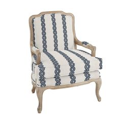 an upholstered chair with blue and white stripes