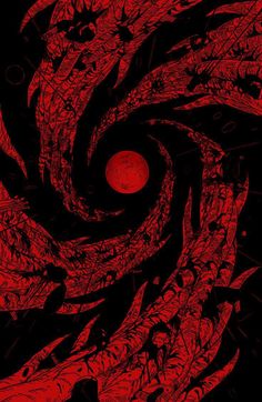 an abstract red and black painting with swirls in the center on a black background