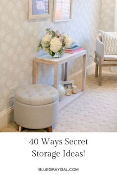 a white bench sitting next to a mirror on top of a wooden table in a living room