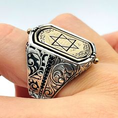 * Head Size : 19 mm x 25 mm   * Item weight: 18.5 gr * It is made of 925 sterling silver. You can use your ring on both sides. The upper part of the ring is designed to rotate. The Seal of Solomon is embroidered on one side of the ring and the inscription Ayetel     Kursi on the other. * Thank you for looking at my shop. * Also, you may prefer to make yourself feel special. * If you have any questions please send me an e-mail. * Our production time is 3 business day * After purchasing product, it will be sent to you inside gift box. * If you have a sensitive skin, you must definitely wear silver accessories. Bronze products may irritate your skin. * For the products you want to arrive immediately, do not forget to purchase the Ups Express Service and add it to your cart. * Standard shippin Solomons Ring, Prayer Ring, Seal Of Solomon, Muslim Men, Silver Ring Designs, Tarnished Silver, Silver Work, Silver Accessories, Silver Man