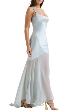 Bring sultry elegance to your next special event in this romantic gown that's made in panels of lustrous satin with sculptural seams that enhance your figure. The asymmetric skirt is made from floaty, sheer chiffon that flows into a dramatic sweeping train. Exclusive retailer Hidden back-zip closure Square neck Sleeveless Lined 75% acetate, 25% polyester with 100% polyester contrast Dry clean Imported Candy Inspired Dress, Formal Garden Party Dress, Dream Wardrobe Clothing, Beach Chic Outfit Wedding Guest, Ethereal Prom Dress, 70s Gown, Senior Dresses, Ocean Dresses, Wedding Guest Dress Winter