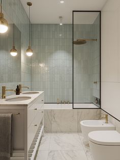 a bathroom with two sinks, a toilet and a bathtub