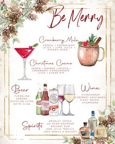 a christmas menu with drinks and decorations