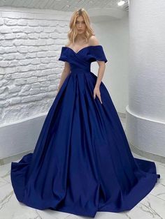 A-Line/Princess Satin Ruffles Off-the-Shoulder Sleeveless Sweep/Brush Train Dresses Prom Dress With Train, Long Prom Gowns, Custom Size Dresses, فستان سهرة, Formal Dresses Prom, Blue Satin, Long Prom Dress, Evening Dresses Long, Formal Evening Dresses