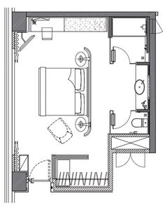 a drawing of a bedroom and living room in one floor plan, with furniture on the other side