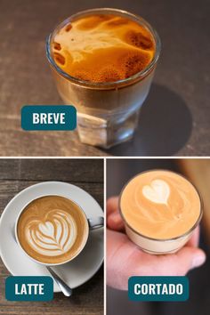 Three images of a breve, a latte, and a cortado Espresso Drinks, Dessert Drinks, Coffee Tea