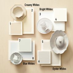 the table is covered with different types of white dishes and plates, which are labeled