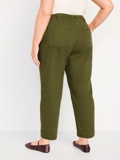 elasticized back waist button front belt loops zip fly diagonal front pockets back patch pockets sits at belly button relaxed hip and thigh straight leg hits at ankle 26" regular inseam 24" petite inseam 30" tall inseam models are approx.  5'9" and wear sizes s (4), l (12), and xl (18)machine wash according to the care instruction label Solid Paperbag Waist Bottoms With Elastic Band, Solid Paperbag Waist Bottoms With Elastic Waistband, Solid Color Paperbag Waist Bottoms With Elastic Waistband, Utility High Waist Bottoms With Elastic Waistband, Utility Bottoms With Elastic Waistband, Casual Cargo Pants With Paperbag Waist, Utility Trousers With Elastic Waistband, Relaxed Fit Paperbag Waist Bottoms With Pockets, Paperbag Waist Cargo Pants With Pockets For Workwear